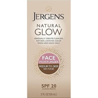 Jergens Natural Glow Self Tanner Face Moisturizer, SPF 20 Facial Sunscreen, Medium to Deep Skin Tone, Sunless Tanning, Oil Free, Broad Spectrum Protection UVA and UVB, 2 oz