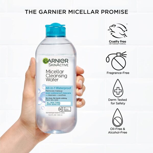 Garnier Micellar Water For Waterproof Makeup, Facial Cleanser & Makeup Remover, 13.5 Fl Oz (400mL), 2 Count (Packaging May Vary) - Image 4