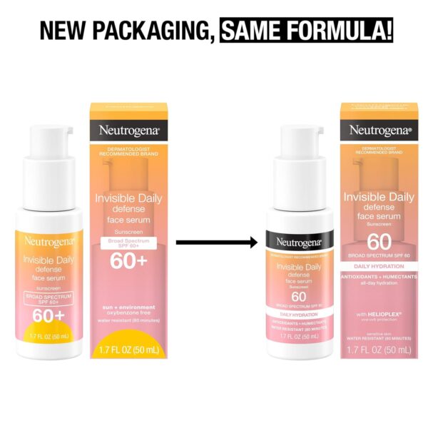 Neutrogena Invisible Daily Defense Face Sunscreen + Hydrating Serum with Broad Spectrum SPF 60 & Antioxidants to Help Skin Glow, Oil-Free, Fragrance Free, 1.7 fl. oz - Image 2