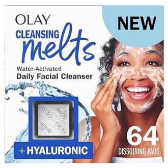 Olay Cleansing Melts + Hyaluronic Face Cleanser, 64 ct. total (2 x 32 ct.), Water-Activated Face Wash Cleans, Tones, and Refreshes Skin