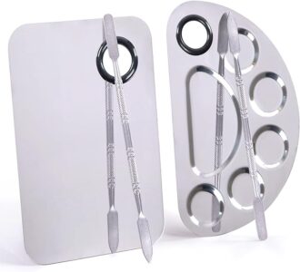 Makeup Palette, Makeup Mixing Palette, Stainless Steel Metal Foundation Palette with Spatula Artist Tool for Mixing Foundation Nail-Art, Cosmetic Mixing Makeup Palette, Makeup Plate, 6×4"/Silver/2pcs