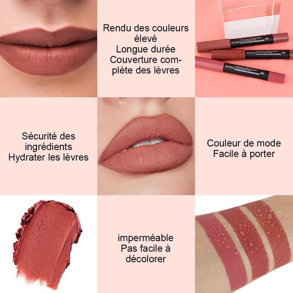 evpct 3Pcs Nude Beige Matte Lip Liner Crayon Pencil and Lipstick Set Chestnut Brown Mauve Thick Matte 24 Hour Long Lasting Waterproof Lipstick 5&6&9 - Image 2