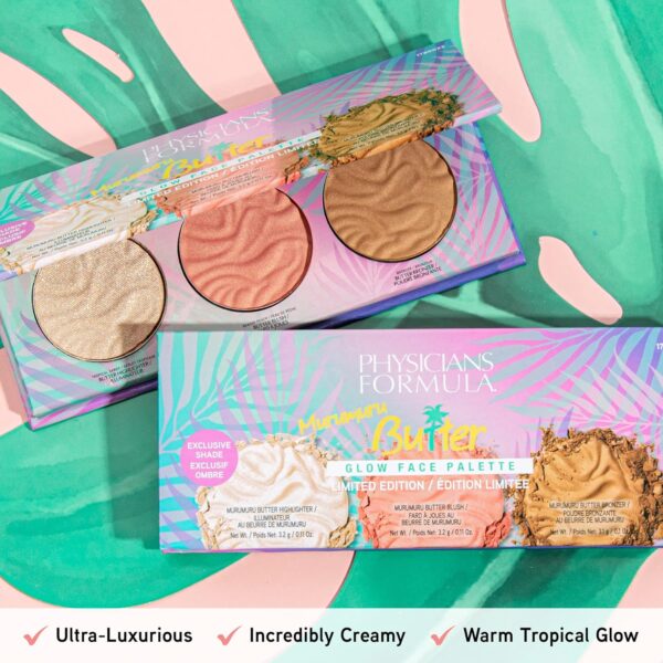 Physicians Formula Murumuru Butter Bronzer Face Powder Makeup Set, Includes Nourishing Butter Bronzer, Highlighter, Blush, Dermatologist Tested, Vegan & Cruelty-Free - Glow Face Palette - Image 5