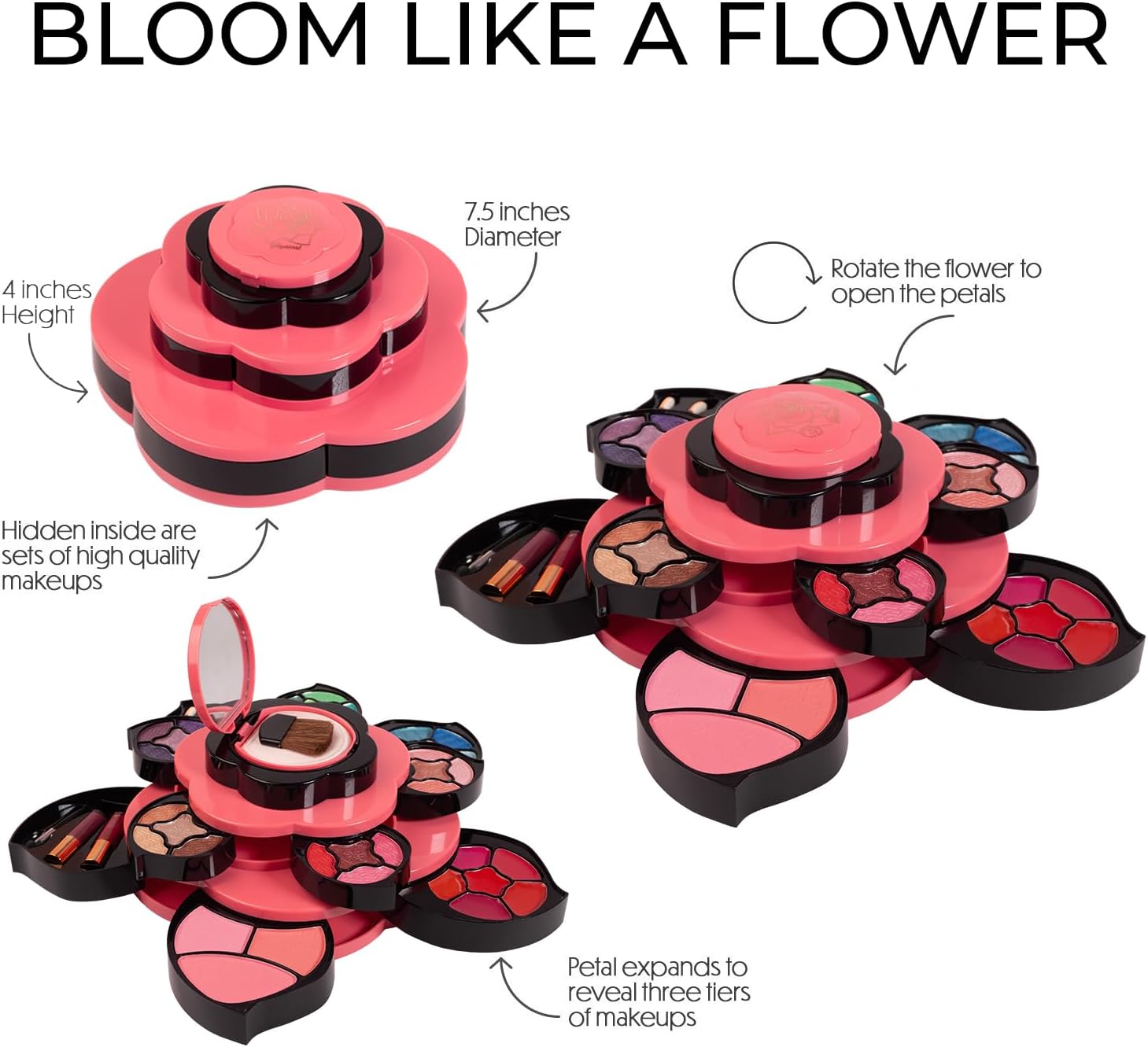 Toysical Makeup Kit for Teens - Flower Makeup Palette Gift Set for Teen Girls and Women - Makeup for Girls 10-12 - Petals Expand to 3 Tiers - Variety Shade Array - Full Starter Kit for Beginners - Image 3