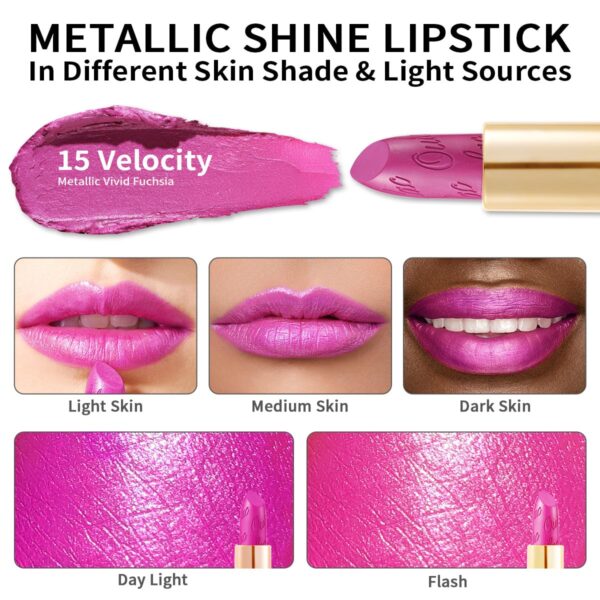 Oulac Pink Lipstick for Women with Metallic 3D Shine Lightweight Hydrating Formula, High Impact Lip Color, Full Coverage Lip Makeup, Velocity(15) - Image 5